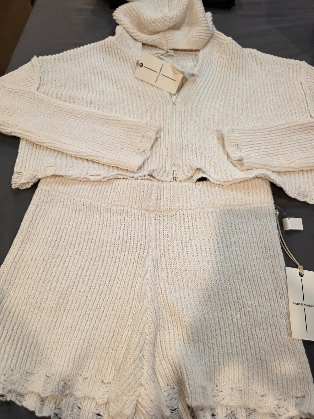 moon & madison Cream Knit Zip Hoodie and Shorts Set